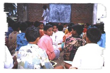 Children having a class outside